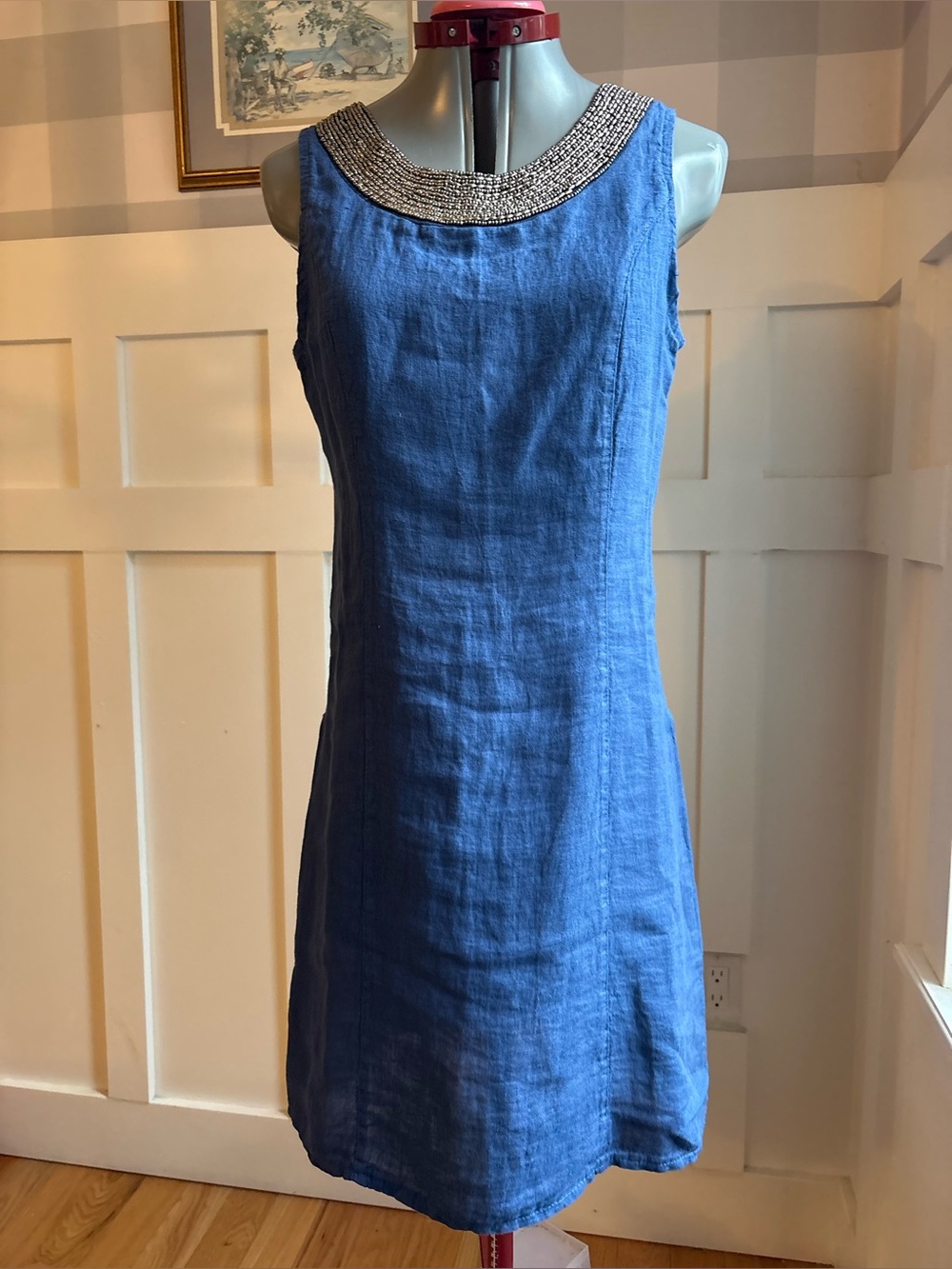Italian Linen Sleeveless Blue Linen Mini Dress with Beaded Collar Small
